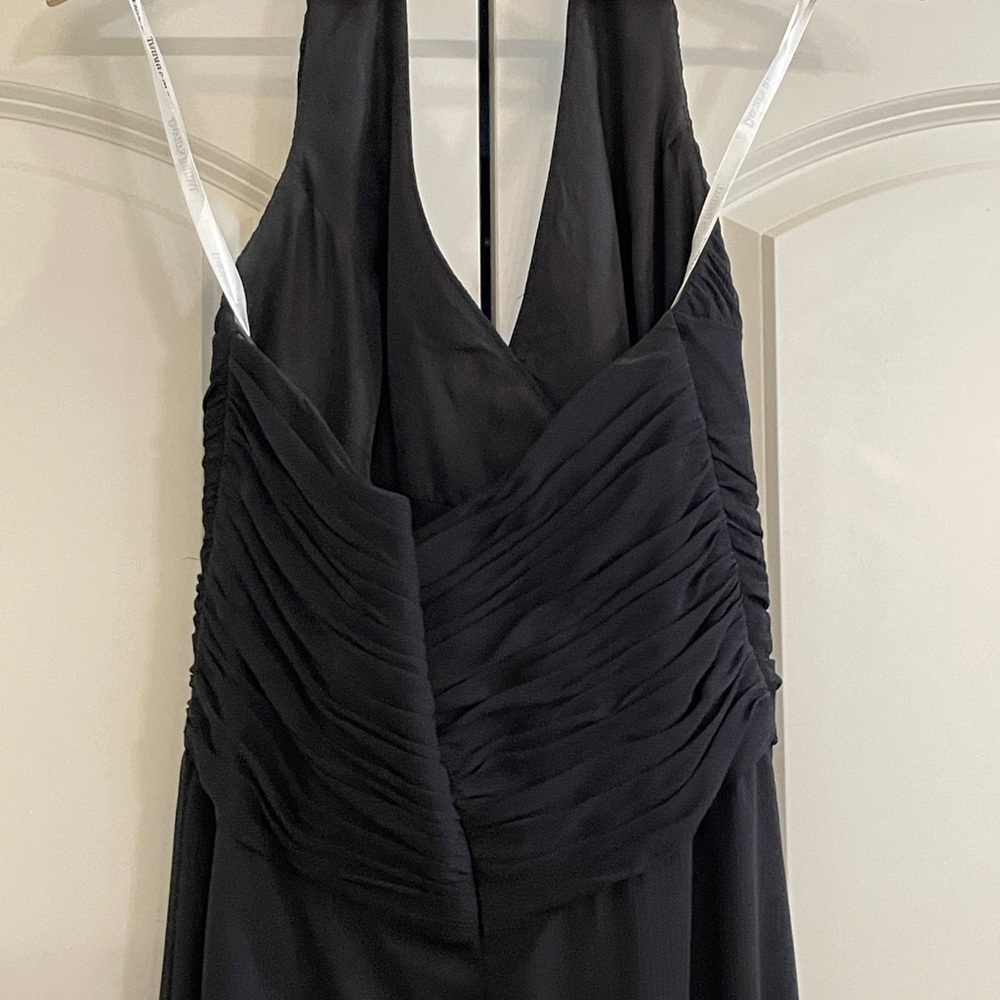 David’s Bridal V-Neck Black Halter Maxi dress with pleated and ruffle detail. - Picture 6 of 12
